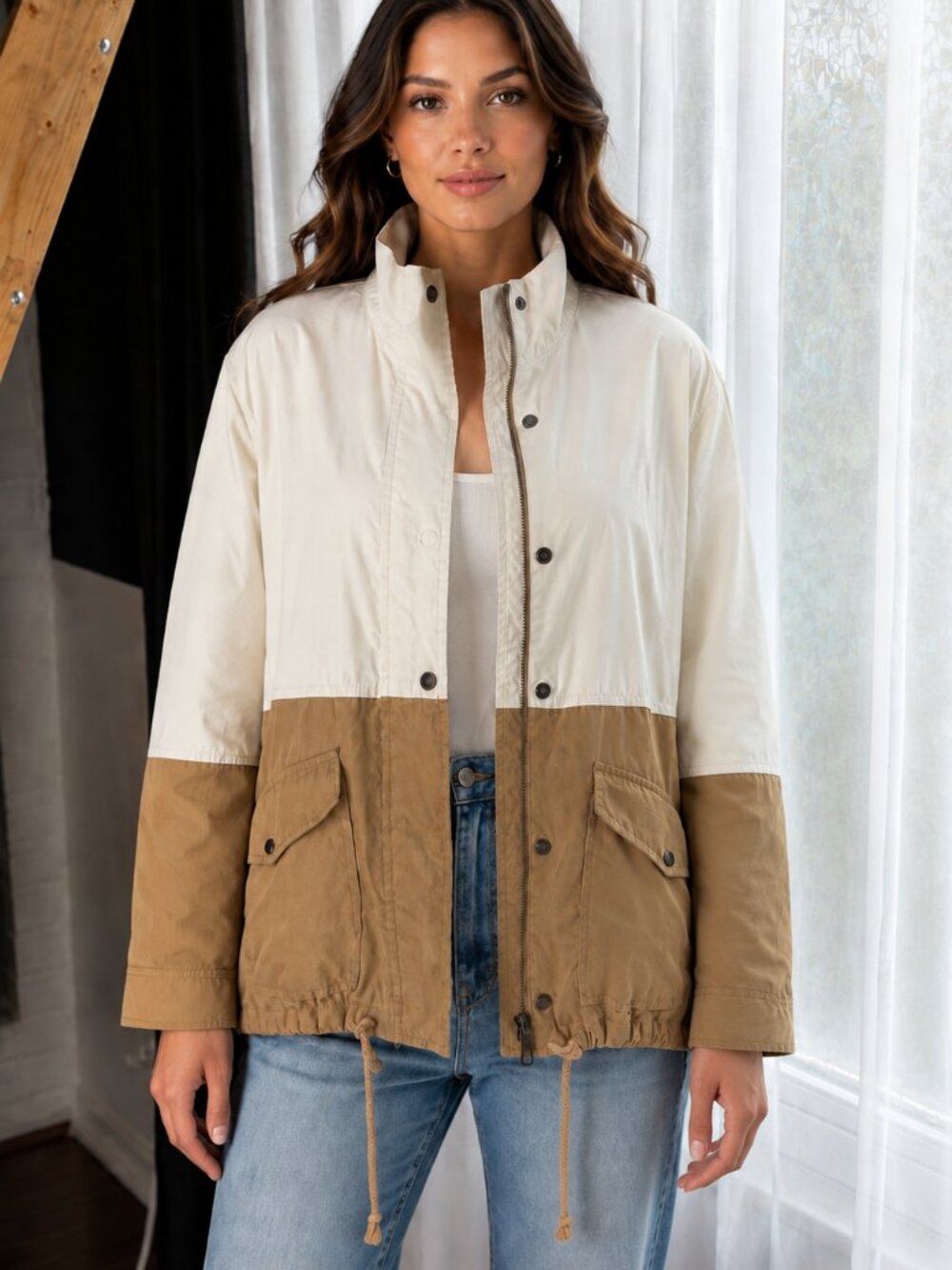 Sweet Wanderer XL Cream Tan Colorblock Utility Windbreaker Jacket